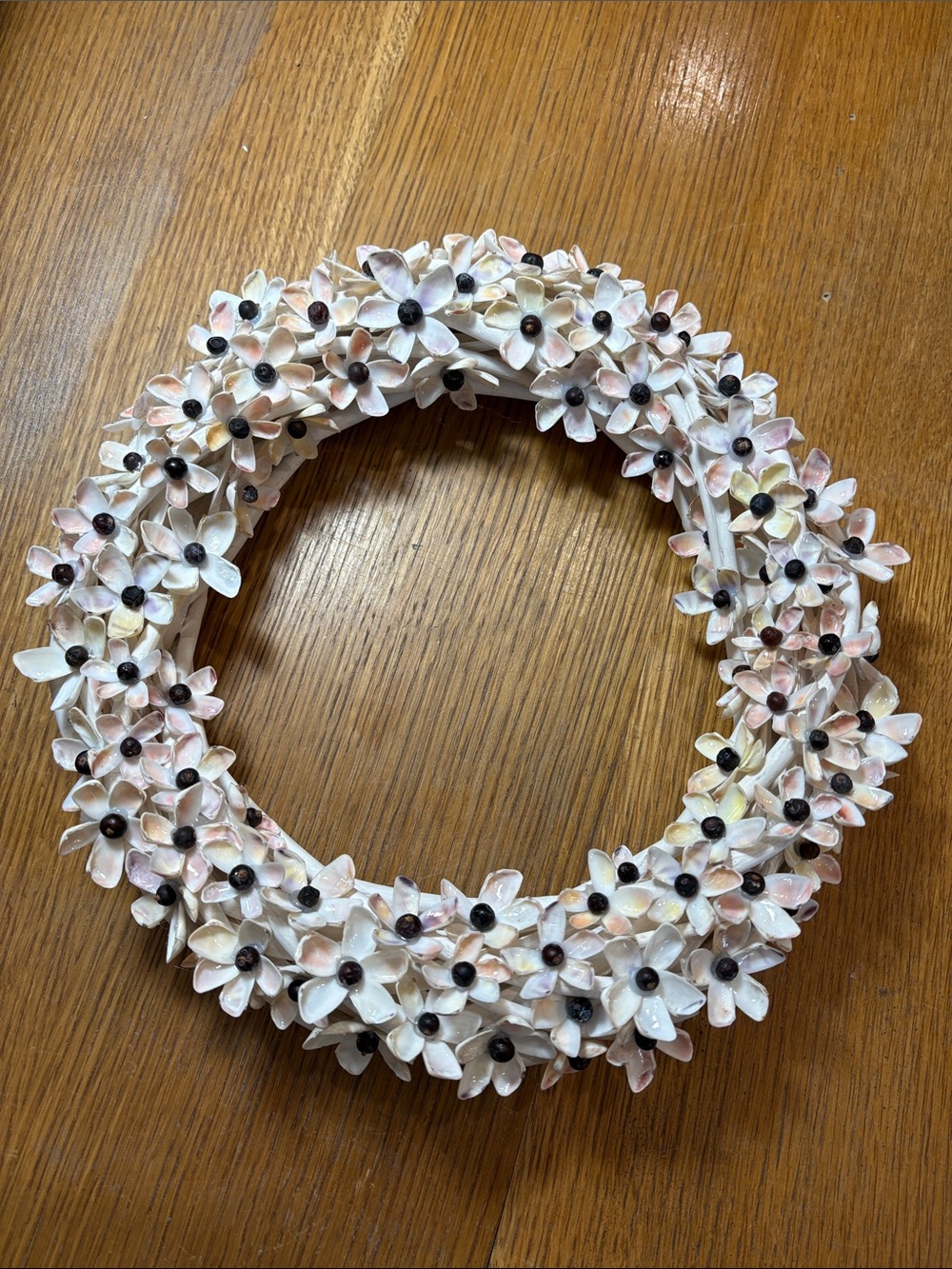 Coastal Shell Flower Wreath in White and Pink - Decorative Mixed Media Art